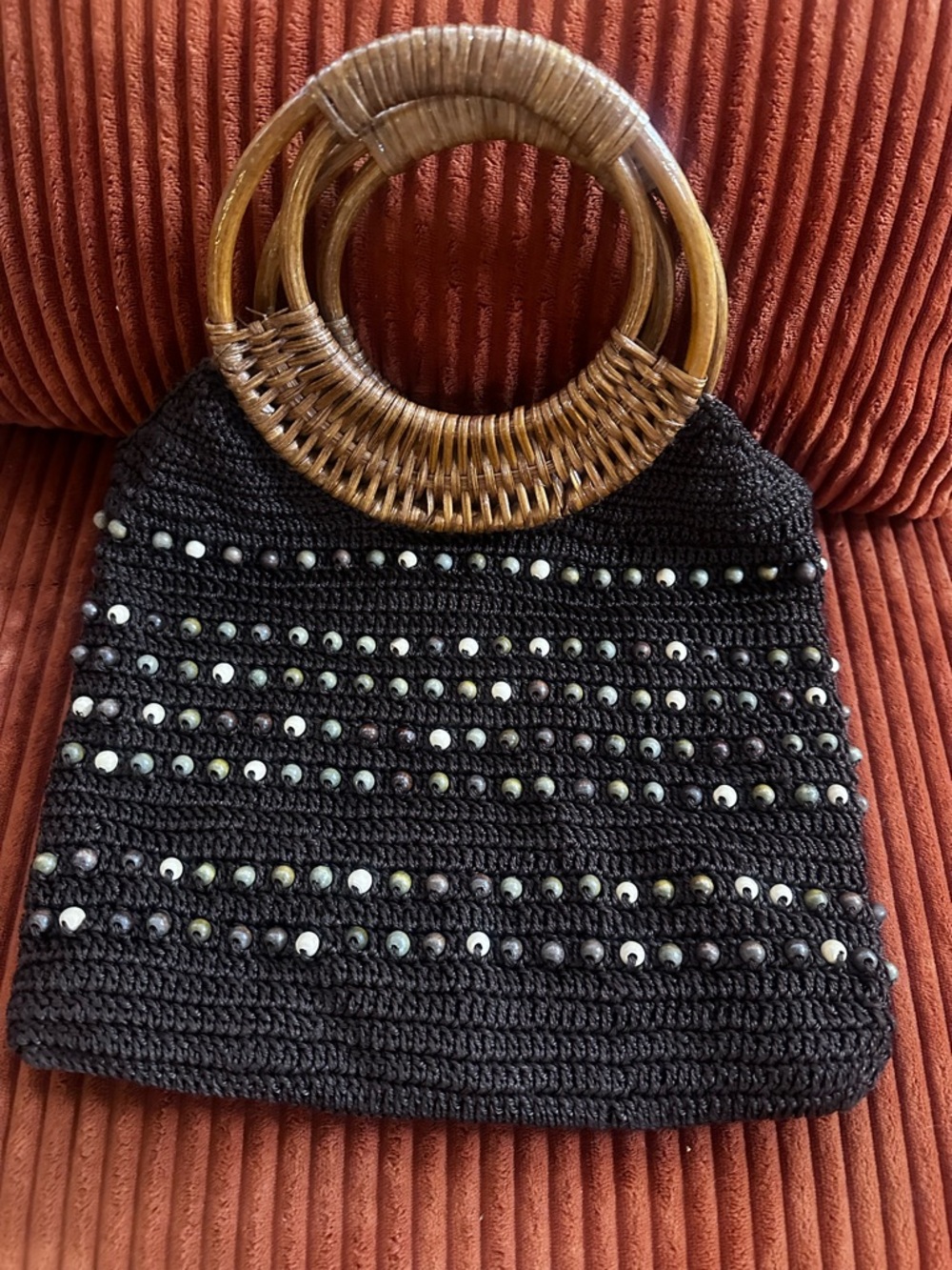 Brown Crochet Tote-Bamboo Ring Handles and Beaded Accents. Coachella vibes.